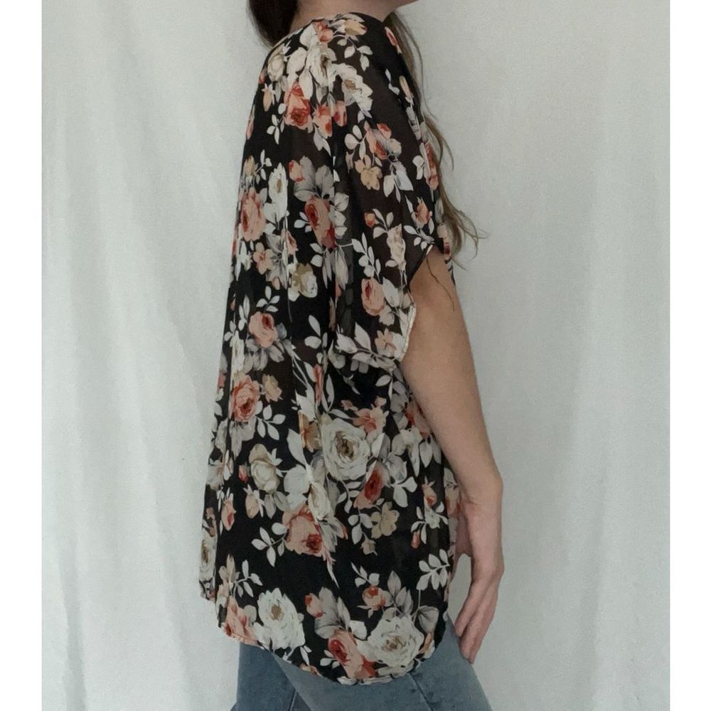Sheer Black Floral Open Front Kimono - Picture 3 of 8